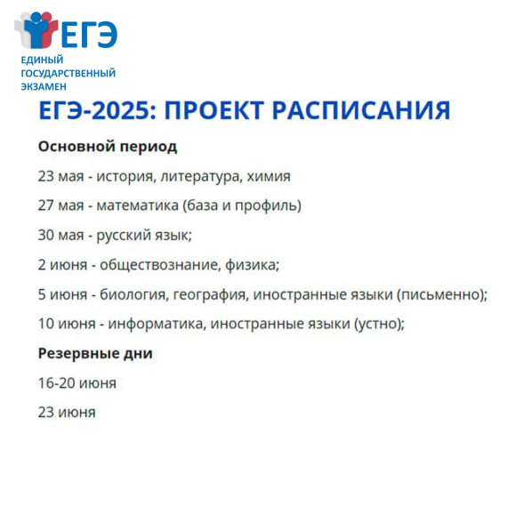 Проект расписания ОГЭ и ЕГЭ на 2025 год.